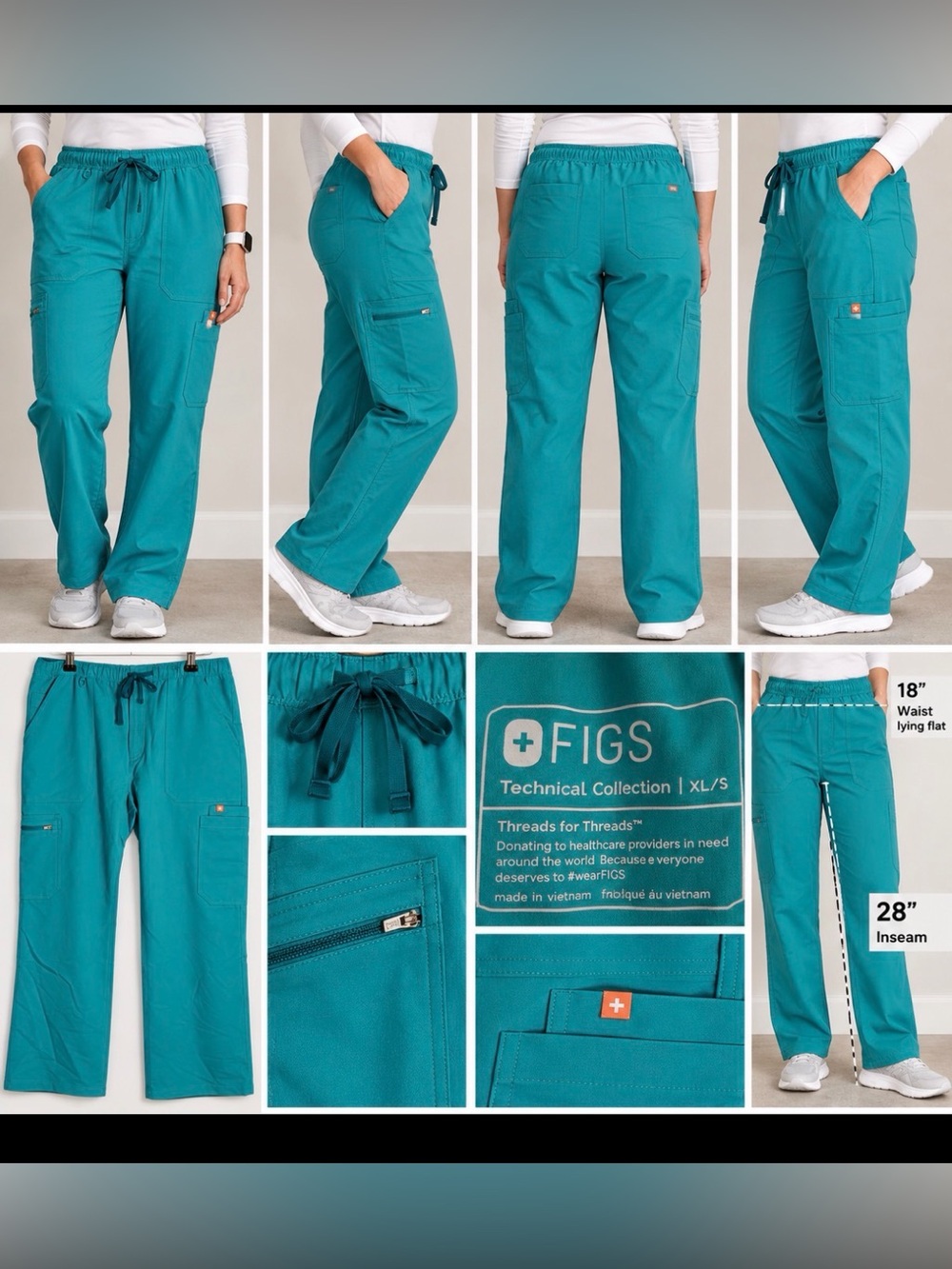 FIGS Cairo Cargo Scrub Pants XL Short Teal Technical Collection NWT
